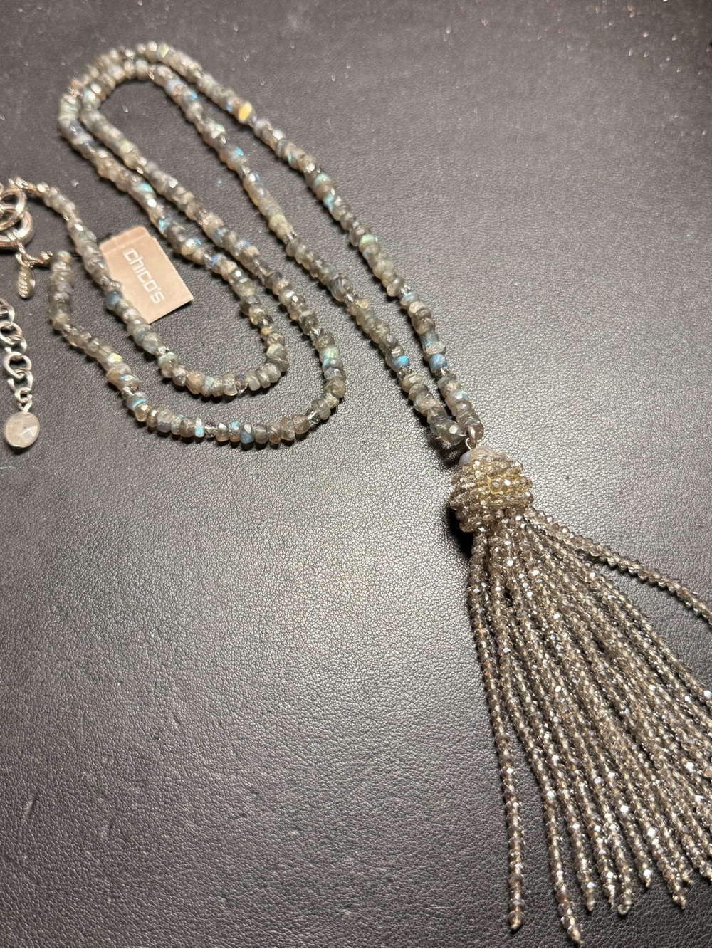 NWT Chico’s BLACK LABEL Labradorite Beaded Tassel Necklace 36" + 4" MSRP $99